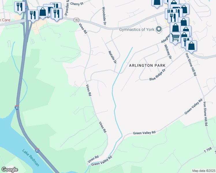 map of restaurants, bars, coffee shops, grocery stores, and more near 345 Shasta Drive in York