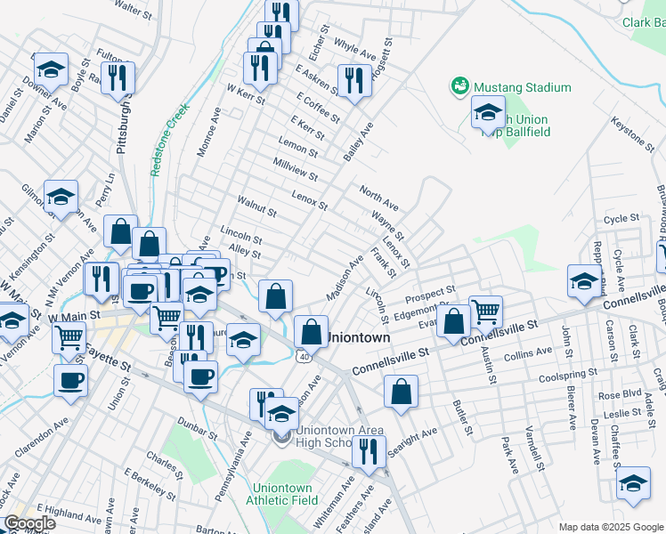 map of restaurants, bars, coffee shops, grocery stores, and more near 151 Lincoln Street in Uniontown