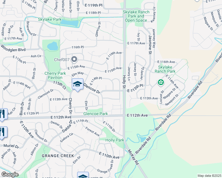 map of restaurants, bars, coffee shops, grocery stores, and more near 5464 East 114th Place in Thornton
