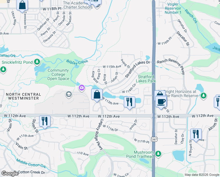 map of restaurants, bars, coffee shops, grocery stores, and more near 11414 Julian Street in Westminster