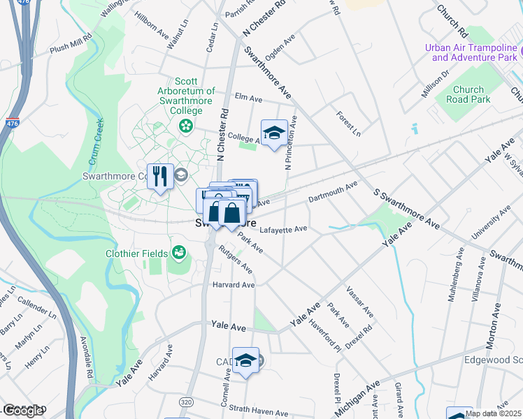 map of restaurants, bars, coffee shops, grocery stores, and more near 325 Dartmouth Avenue in Swarthmore