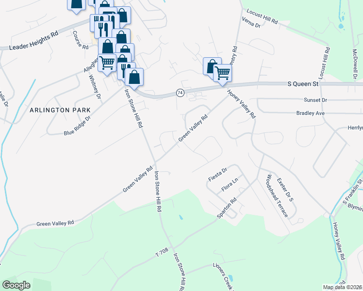 map of restaurants, bars, coffee shops, grocery stores, and more near 585 Green Valley Road in York