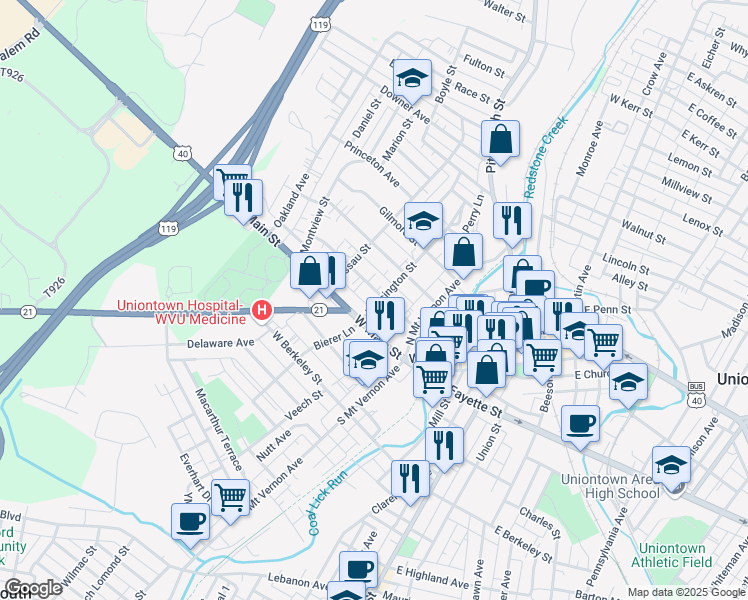 map of restaurants, bars, coffee shops, grocery stores, and more near 50 Ben Lomond Street in Uniontown