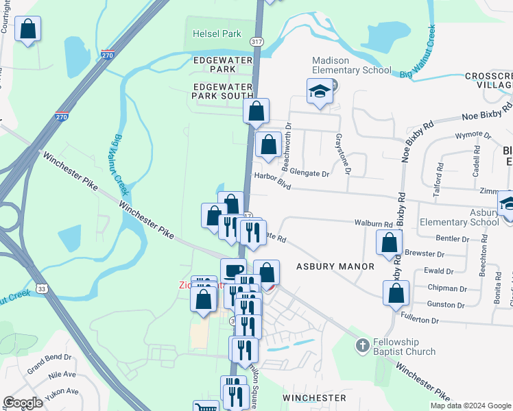 map of restaurants, bars, coffee shops, grocery stores, and more near 3534 South Hamilton Road in Columbus