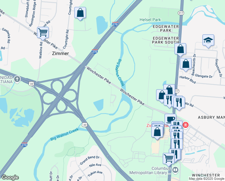 map of restaurants, bars, coffee shops, grocery stores, and more near 3433 Winchester Bend Drive in Columbus