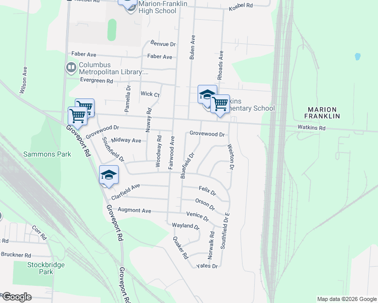 map of restaurants, bars, coffee shops, grocery stores, and more near 3044 Durham Drive in Columbus