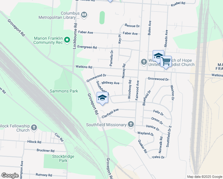 map of restaurants, bars, coffee shops, grocery stores, and more near 3044 Southfield Drive in Columbus