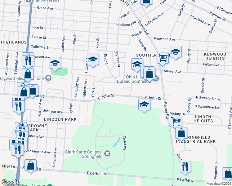 map of restaurants, bars, coffee shops, grocery stores, and more near 910 East John Street in Springfield