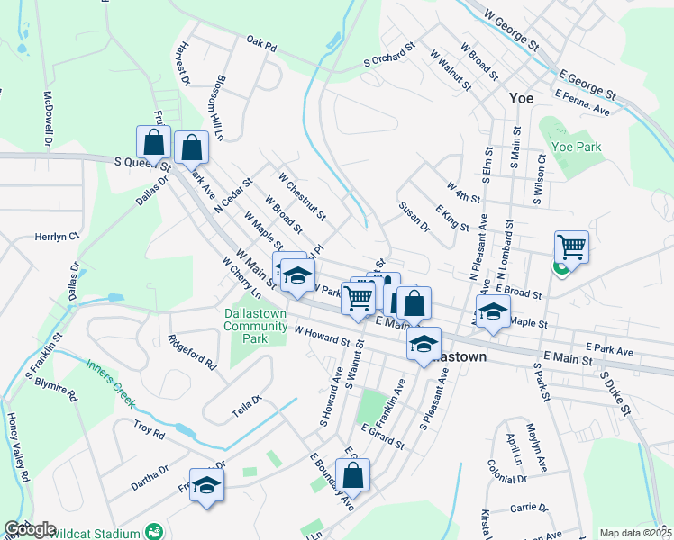 map of restaurants, bars, coffee shops, grocery stores, and more near 51 West Maple Street in Dallastown