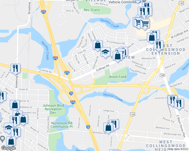 map of restaurants, bars, coffee shops, grocery stores, and more near 1107 South Merrimac Road in Camden