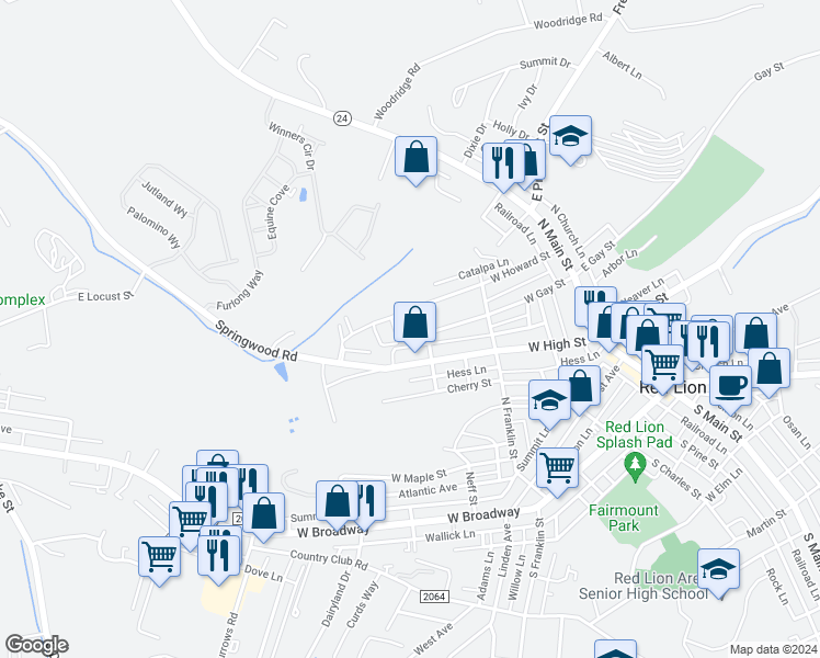 map of restaurants, bars, coffee shops, grocery stores, and more near 516 Western Avenue in Red Lion