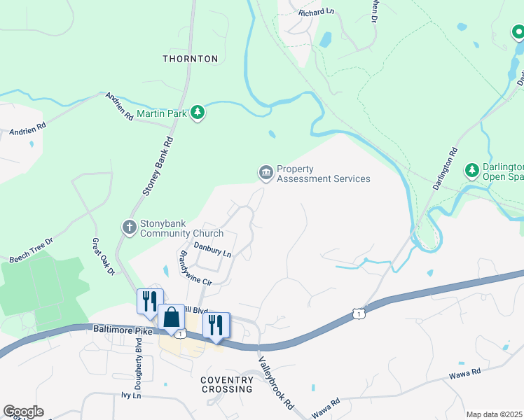 map of restaurants, bars, coffee shops, grocery stores, and more near 182 Kingswood Court in Glen Mills