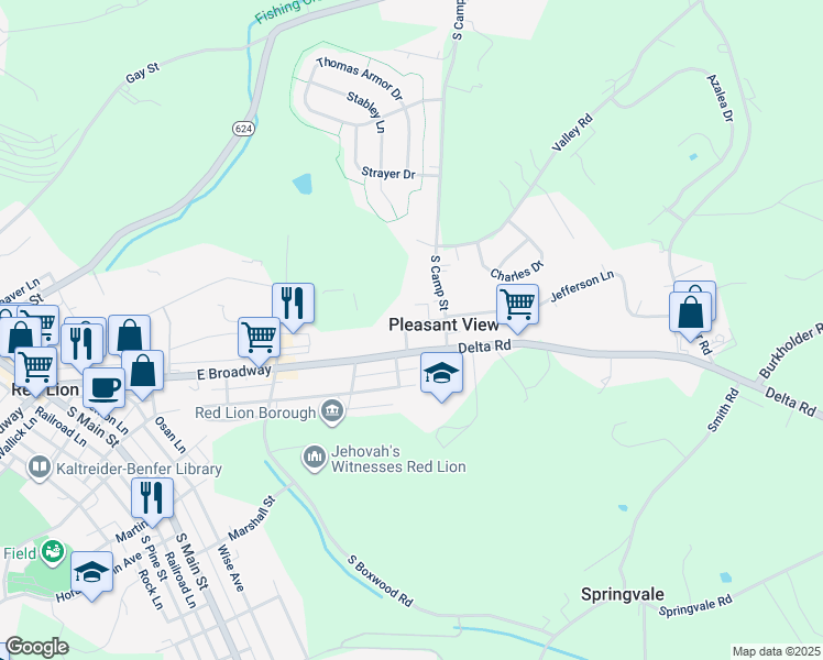 map of restaurants, bars, coffee shops, grocery stores, and more near 600 Pershing Avenue in Red Lion
