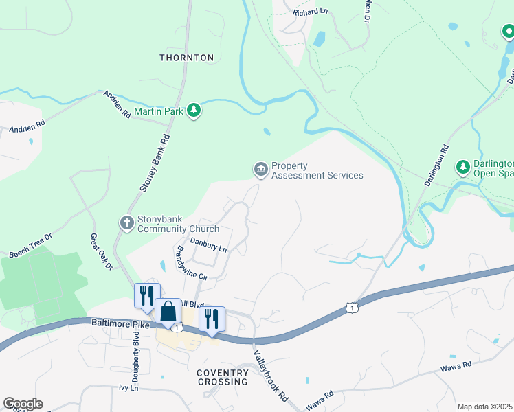 map of restaurants, bars, coffee shops, grocery stores, and more near 182 Kingswood Court in Glen Mills