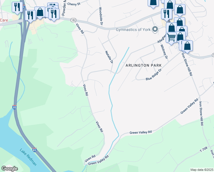 map of restaurants, bars, coffee shops, grocery stores, and more near 345 Shasta Drive in York