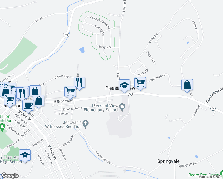 map of restaurants, bars, coffee shops, grocery stores, and more near 600 Pershing Avenue in Red Lion