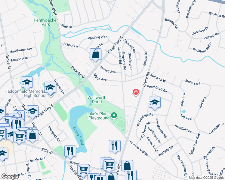 map of restaurants, bars, coffee shops, grocery stores, and more near 100 Park Boulevard in Cherry Hill Township