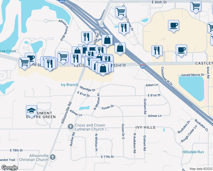 map of restaurants, bars, coffee shops, grocery stores, and more near 5402 Skyridge Drive in Indianapolis
