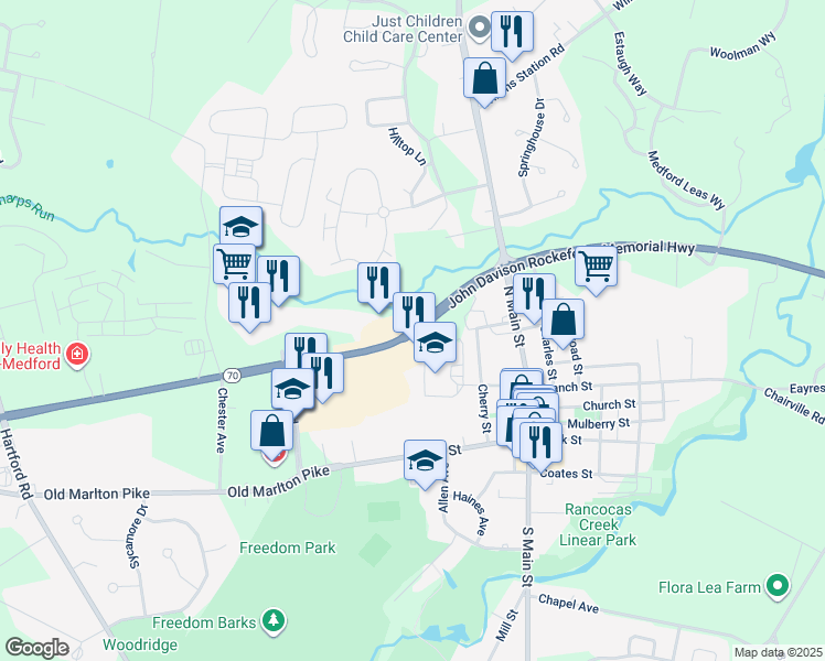 map of restaurants, bars, coffee shops, grocery stores, and more near 179 New Jersey 70 in Medford