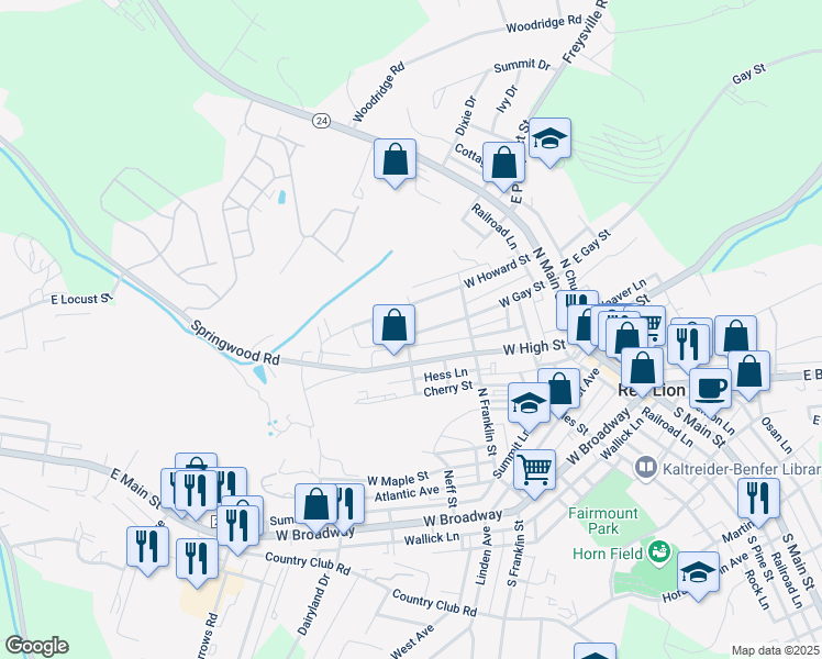 map of restaurants, bars, coffee shops, grocery stores, and more near 239 West Gay Street in Red Lion