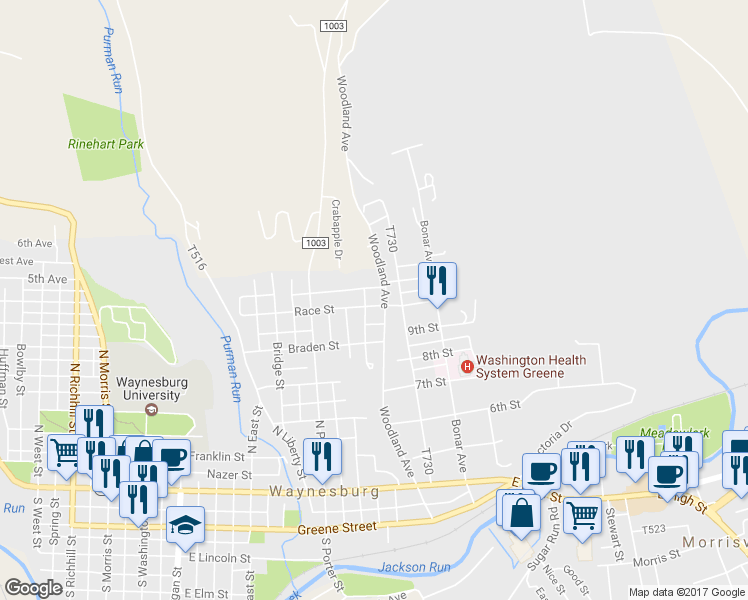 map of restaurants, bars, coffee shops, grocery stores, and more near 675 Woodland Avenue in Waynesburg