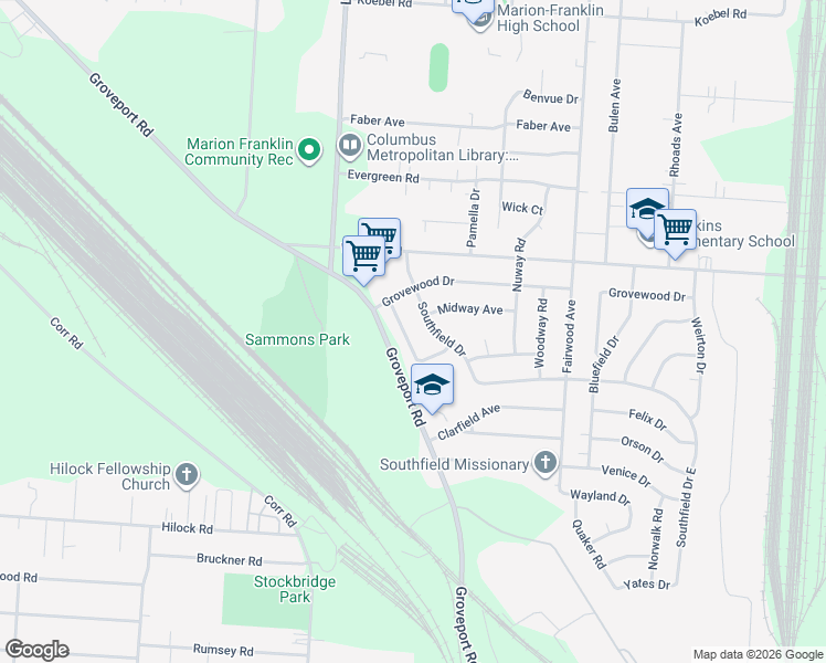 map of restaurants, bars, coffee shops, grocery stores, and more near 3019 Southfield Drive in Columbus