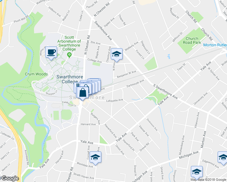 map of restaurants, bars, coffee shops, grocery stores, and more near 282 Dartmouth Avenue in Swarthmore