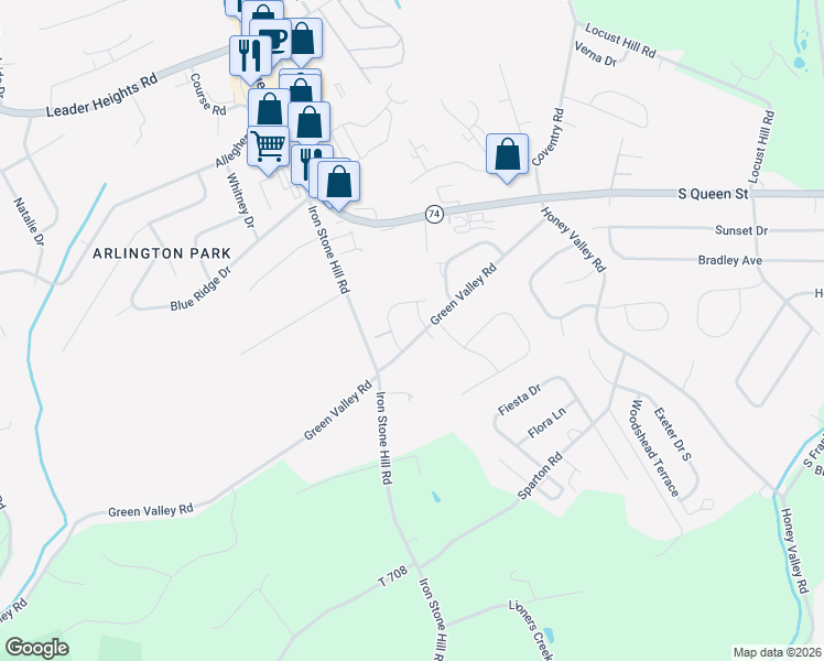 map of restaurants, bars, coffee shops, grocery stores, and more near 585 Green Valley Road in York