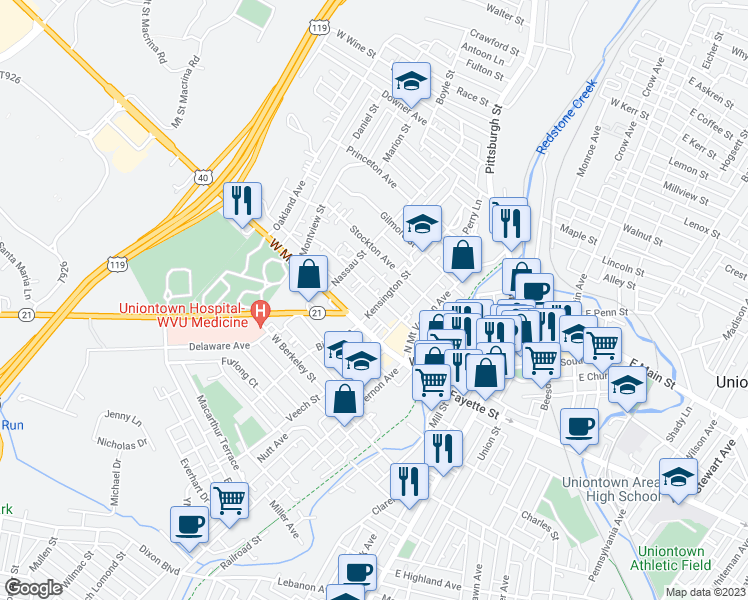 map of restaurants, bars, coffee shops, grocery stores, and more near 45 Ben Lomond Street in Uniontown