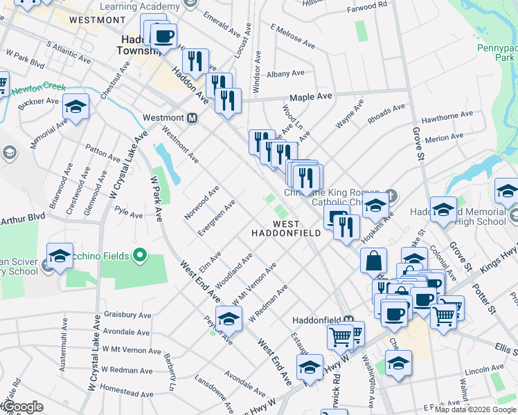 map of restaurants, bars, coffee shops, grocery stores, and more near 3 Elm Avenue in Haddonfield