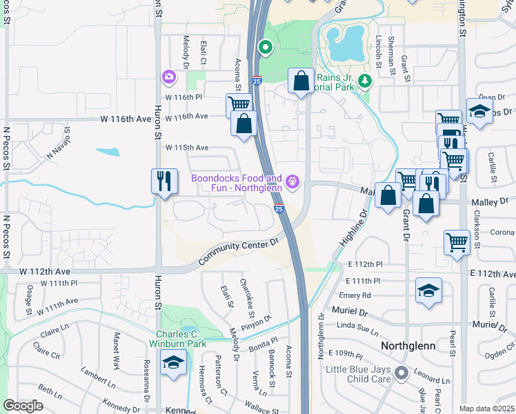 map of restaurants, bars, coffee shops, grocery stores, and more near 11402 Cherokee Street in Northglenn
