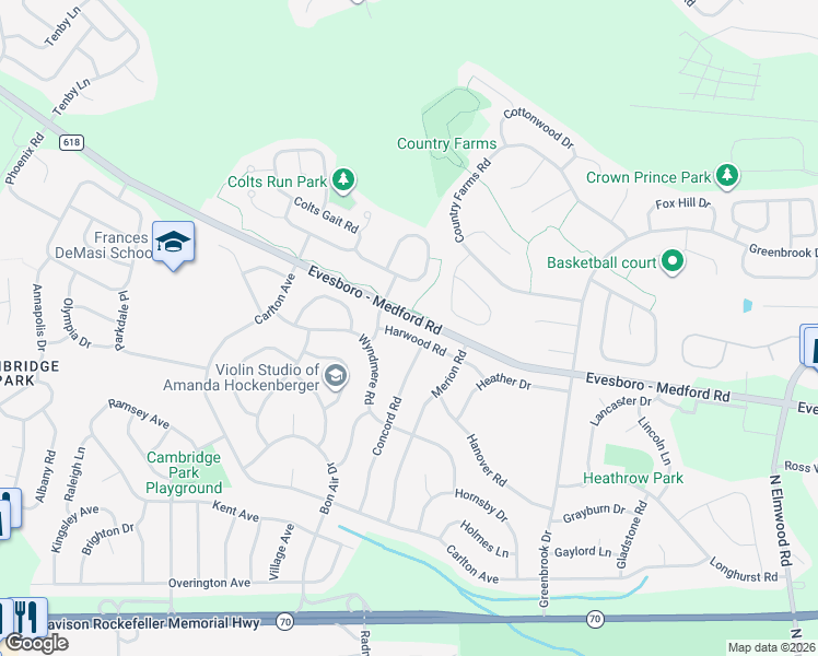 map of restaurants, bars, coffee shops, grocery stores, and more near 28 Harwood Road in Evesham Township