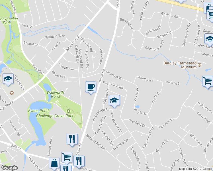 map of restaurants, bars, coffee shops, grocery stores, and more near 105 Pearl Croft Road in Cherry Hill