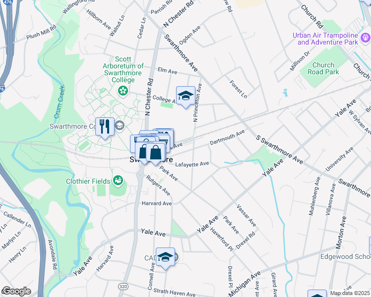 map of restaurants, bars, coffee shops, grocery stores, and more near 313 Dartmouth Avenue in Swarthmore