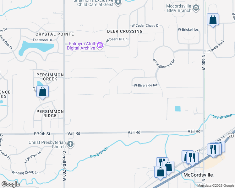 map of restaurants, bars, coffee shops, grocery stores, and more near 6587 Eagles Nest Lane in McCordsville