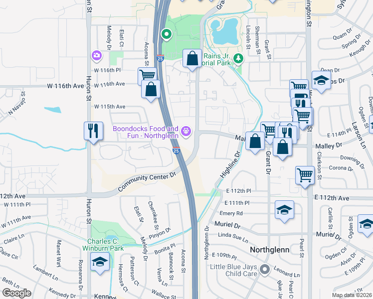 map of restaurants, bars, coffee shops, grocery stores, and more near 419-685 Community Center Dr in Northglenn