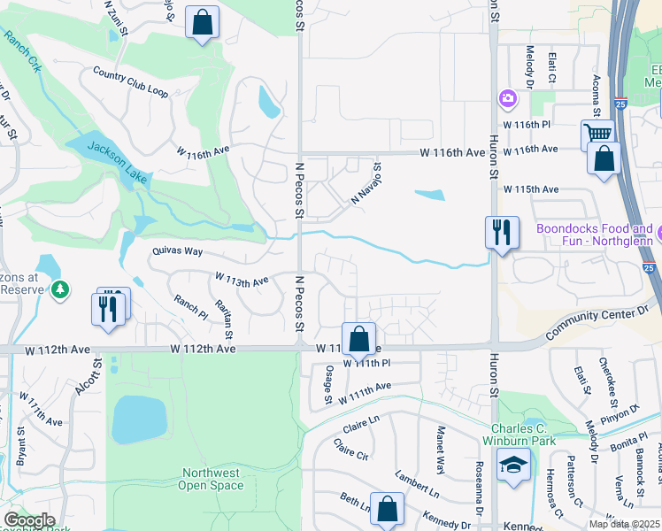 map of restaurants, bars, coffee shops, grocery stores, and more near 11368 Navajo Circle in Westminster