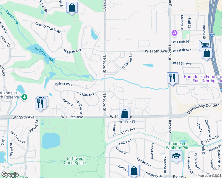 map of restaurants, bars, coffee shops, grocery stores, and more near 11368 Navajo Circle in Westminster