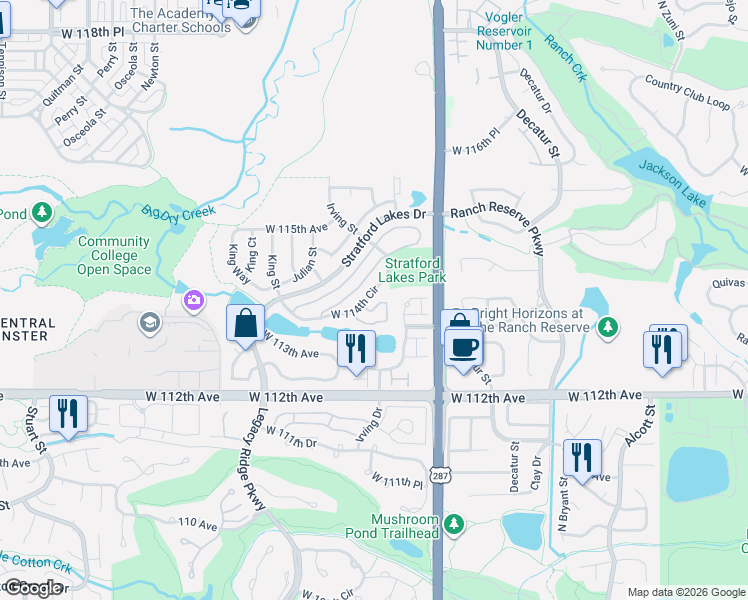 map of restaurants, bars, coffee shops, grocery stores, and more near 3351 West 114th Circle in Westminster