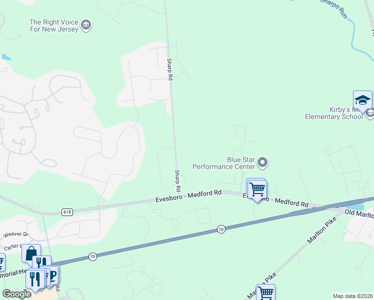map of restaurants, bars, coffee shops, grocery stores, and more near 130 Sharp Road in Evesham