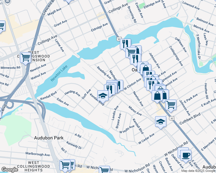 map of restaurants, bars, coffee shops, grocery stores, and more near 69 Manor Avenue in Oaklyn