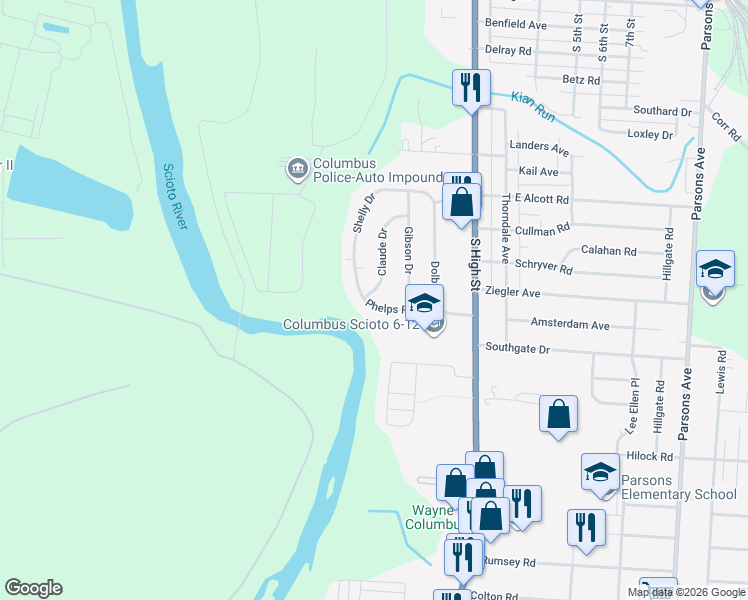map of restaurants, bars, coffee shops, grocery stores, and more near 2838 Claude Drive in Columbus