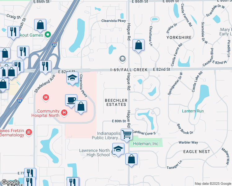 map of restaurants, bars, coffee shops, grocery stores, and more near 8104 Wallingwood Drive in Indianapolis