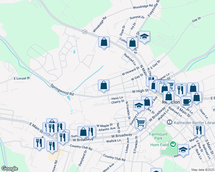map of restaurants, bars, coffee shops, grocery stores, and more near 239 West Gay Street in Red Lion