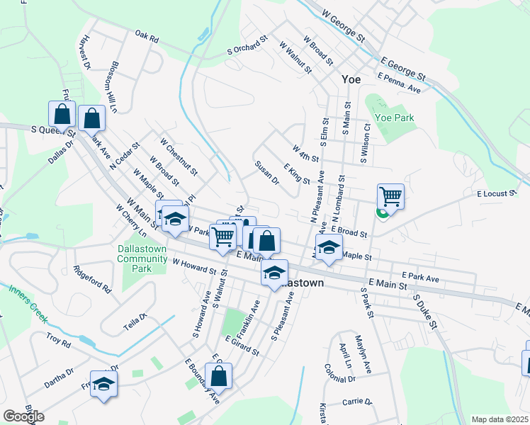 map of restaurants, bars, coffee shops, grocery stores, and more near 75 Walnut Ridge in Dallastown