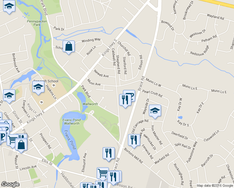 map of restaurants, bars, coffee shops, grocery stores, and more near Caldwell Road in Cherry Hill
