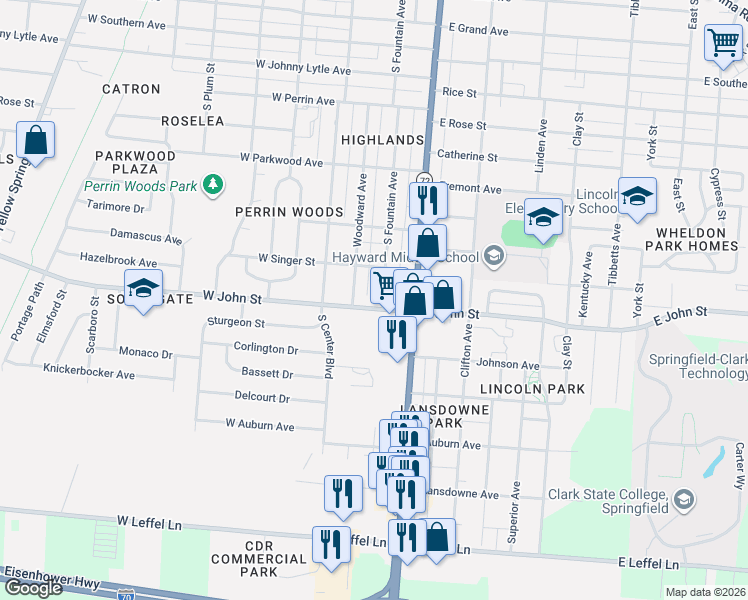 map of restaurants, bars, coffee shops, grocery stores, and more near 1829 South Fountain Avenue in Springfield