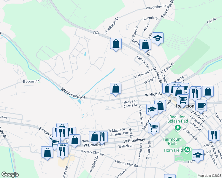 map of restaurants, bars, coffee shops, grocery stores, and more near 920 Lantern Court in Red Lion