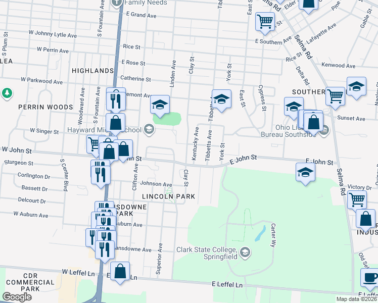 map of restaurants, bars, coffee shops, grocery stores, and more near 1820 Clay Street in Springfield