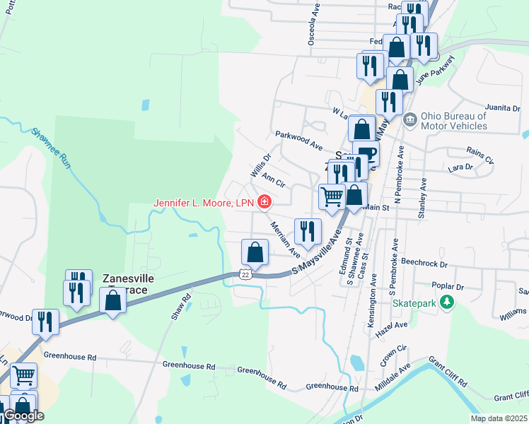 map of restaurants, bars, coffee shops, grocery stores, and more near 200 Willis Drive in Zanesville